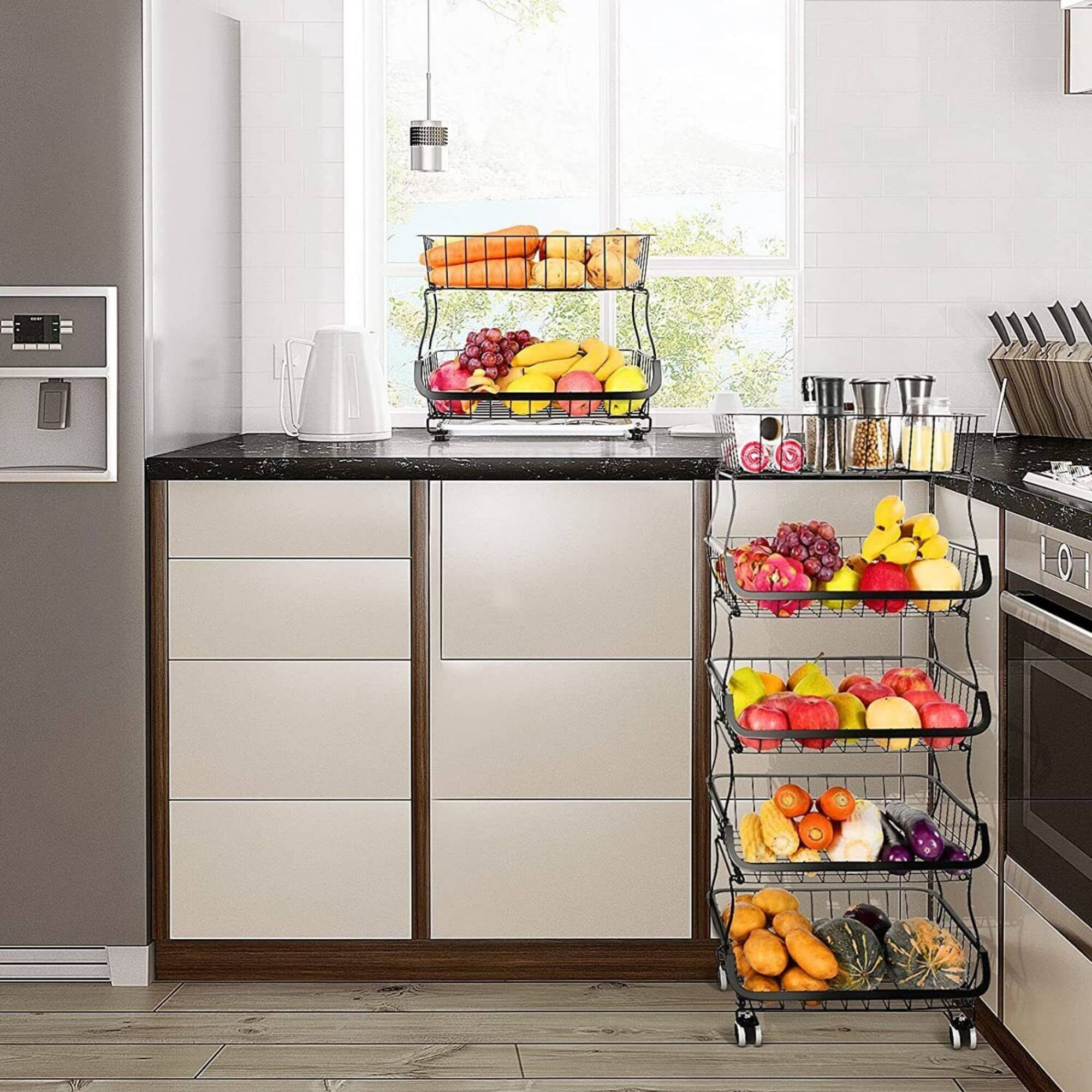 Black 5-Tier Fruit Basket Rolling Cart